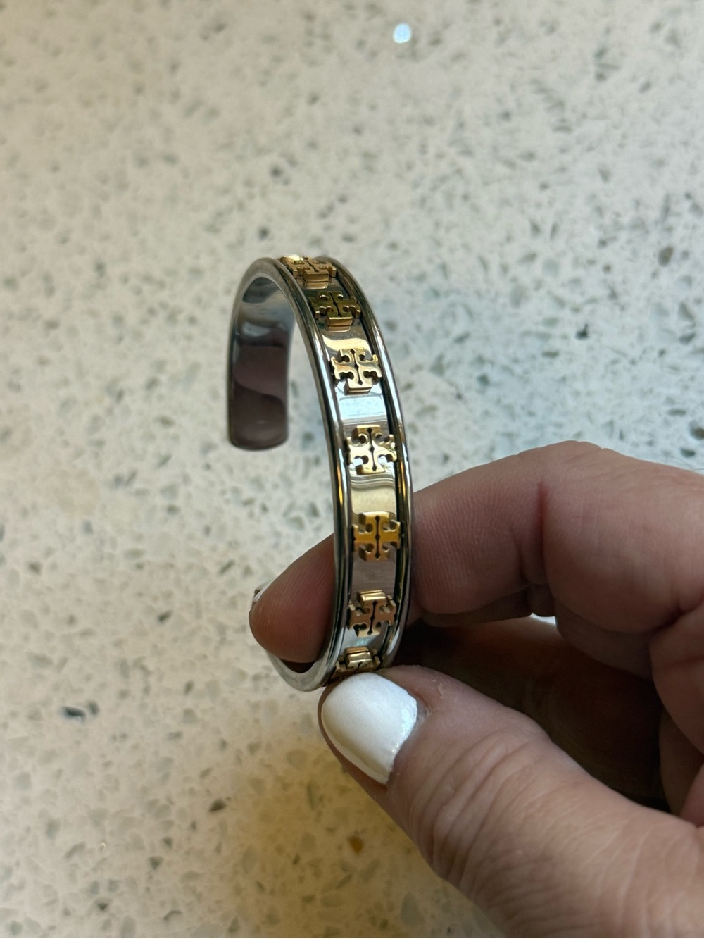 Tory Burch Two-Tone Gold and Silver Logo Cuff Bracelet